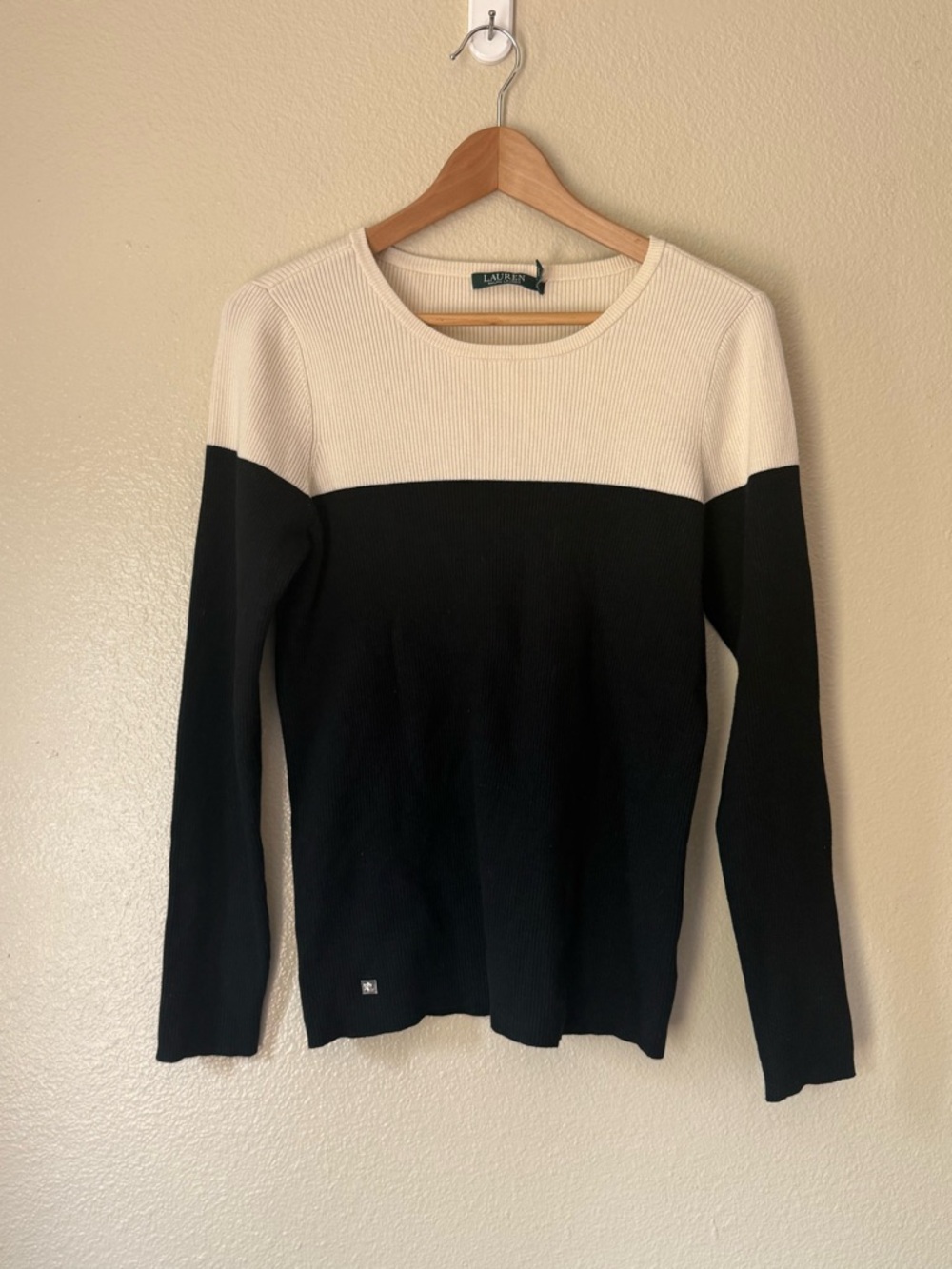 Lauren Ralph Lauren Black and Cream Ribbed Knit Sweater